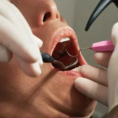 Zabieg ekstrakcji zęba przy stanie zapalnym. Dentysta w rękawiczkach używa narzędzi do usunięcia zęba.