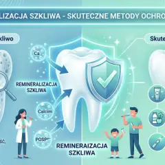 Ilustracja pokazuje proces remineralizacji szkliwa. Zdrowy ząb chroniony tarczą, obok ząb osłabiony z widocznymi ubytkami.