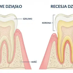 Porównanie budowy zęba 6: zdrowe dziąsło vs recesja dziąsła. Widoczna linia dziąsła, szkliwo, korona i odsłonięty korzeń.