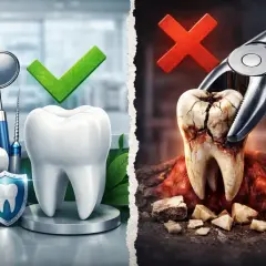 Zdrowy ząb obok narzędzi dentystycznych i zepsuty ząb w kleszczach. Dbaj o zęby, by uniknąć bardzo zepsutych zębów.
