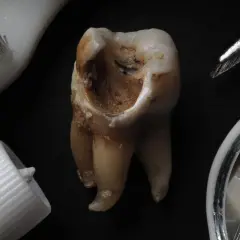 Zniszczony ząb z widocznymi ubytkami, gdzie mogą rozwijać się bakterie. Obok szczoteczka, pasta i pęseta.
