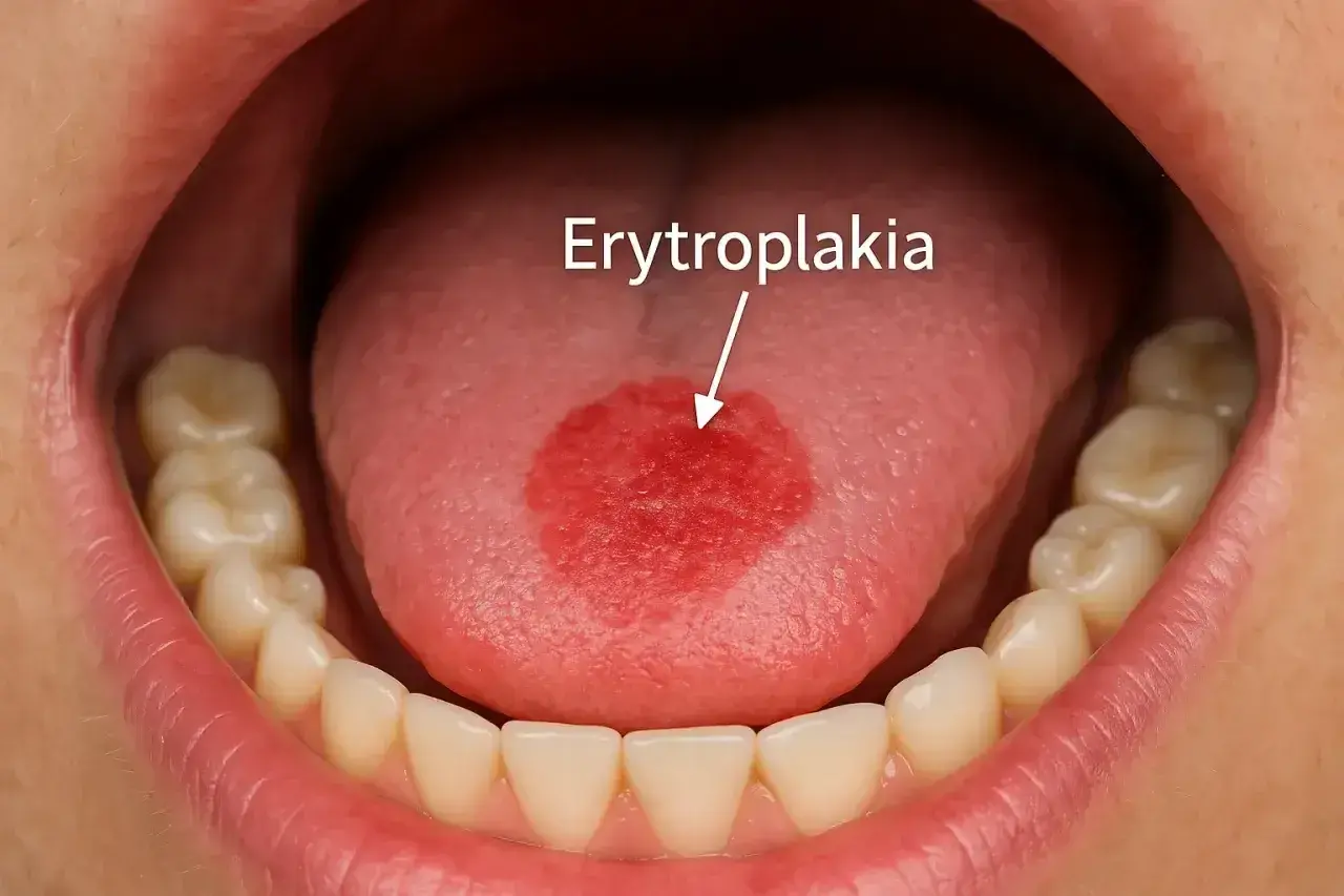 Widoczne czerwone kropki na języku, oznaczone jako erytroplakia, mogą być sygnałem ostrzegawczym.