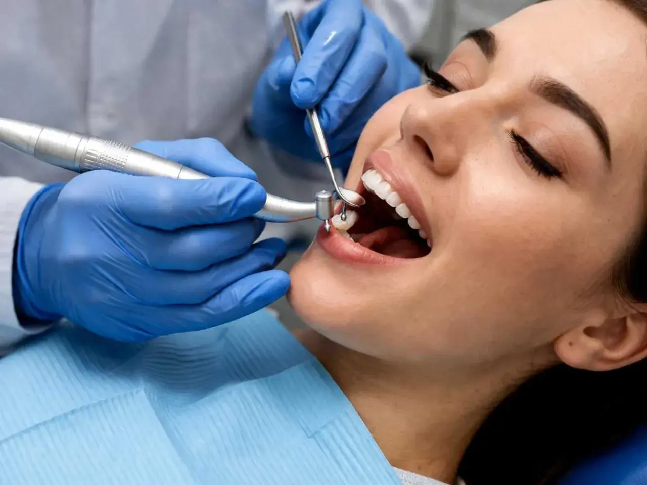 Dentysta zakłada plombę w zębie pacjentki.