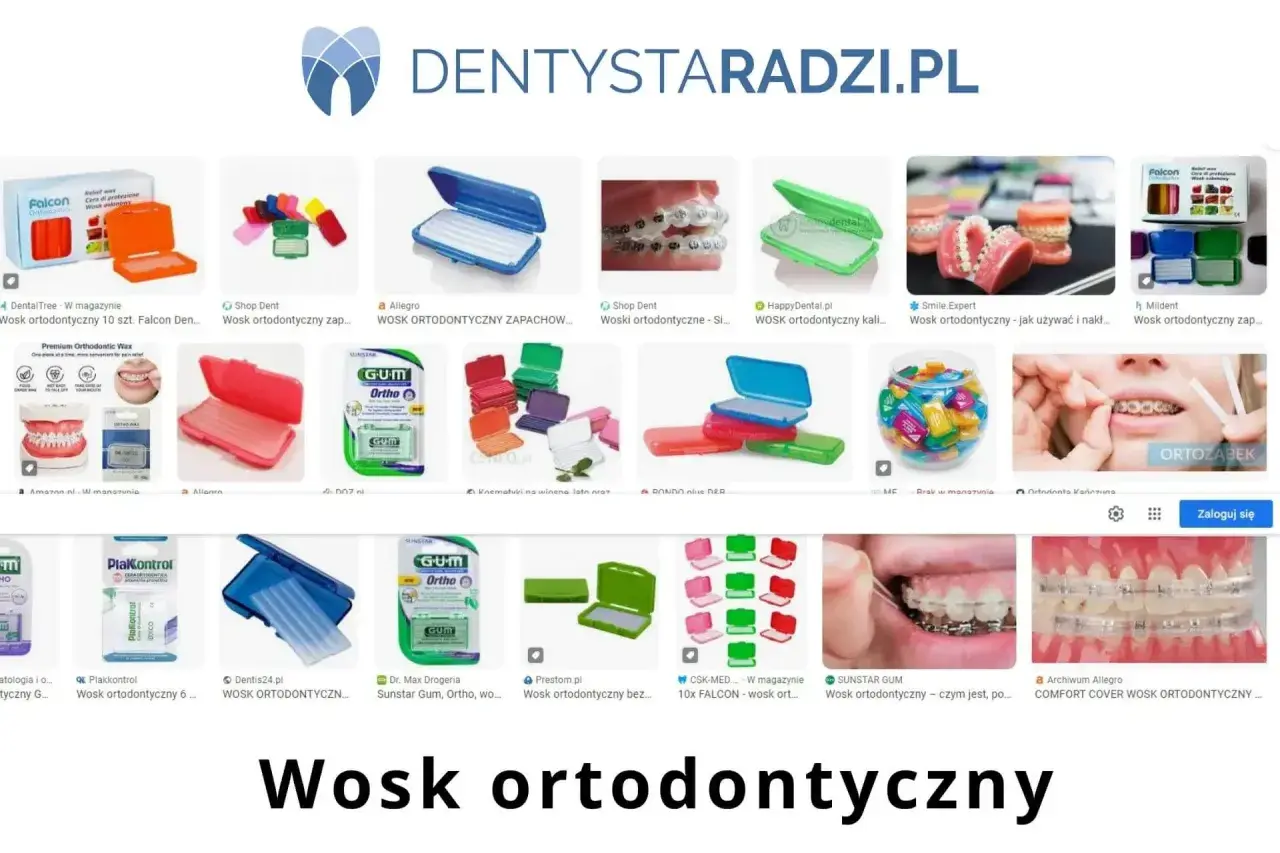 Wosk na aparat ortodontyczny w różnych opakowaniach i kolorach, chroniący przed otarciami.