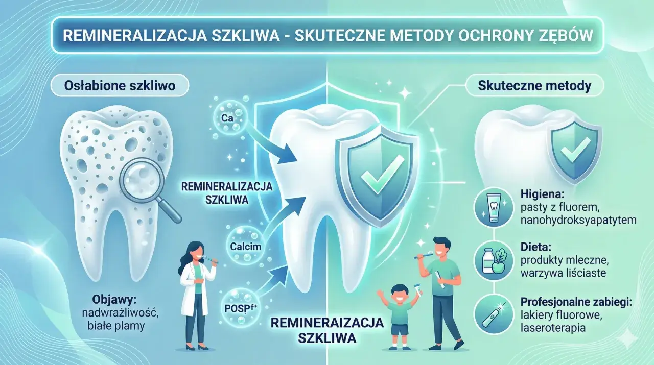 Ilustracja pokazuje proces remineralizacji szkliwa. Zdrowy ząb chroniony tarczą, obok ząb osłabiony z widocznymi ubytkami.