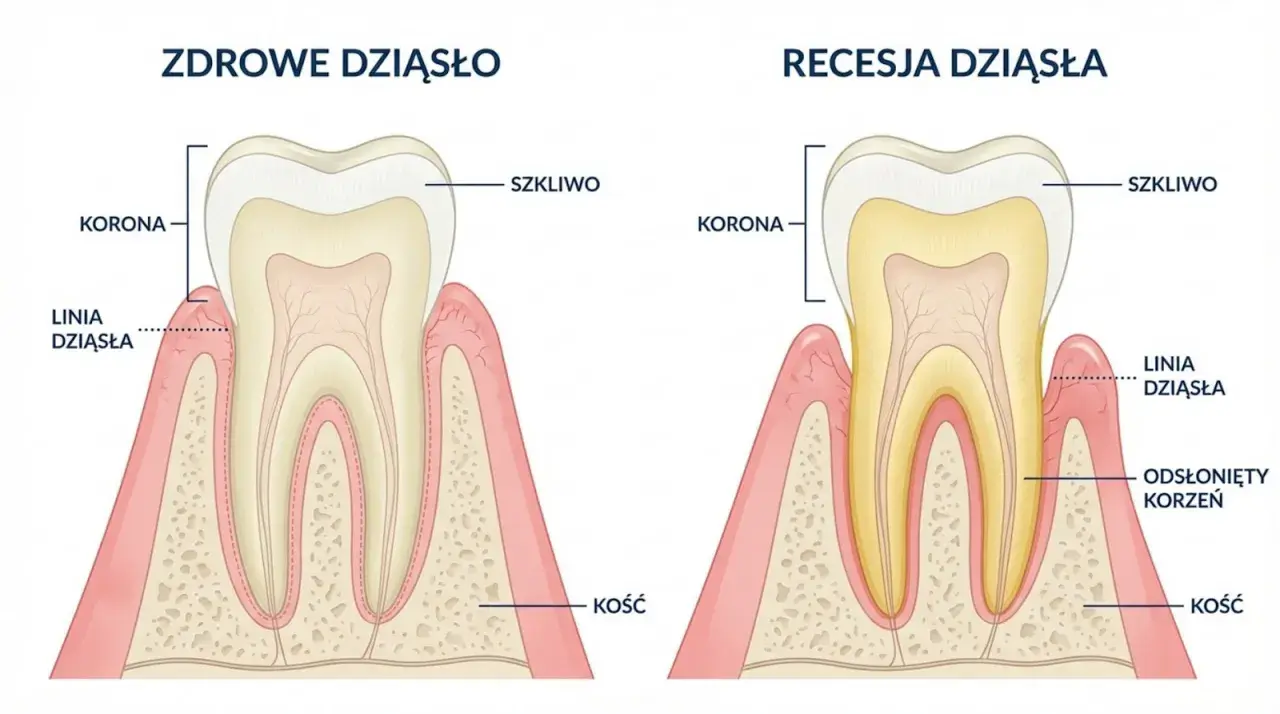Porównanie budowy zęba 6: zdrowe dziąsło vs recesja dziąsła. Widoczna linia dziąsła, szkliwo, korona i odsłonięty korzeń.