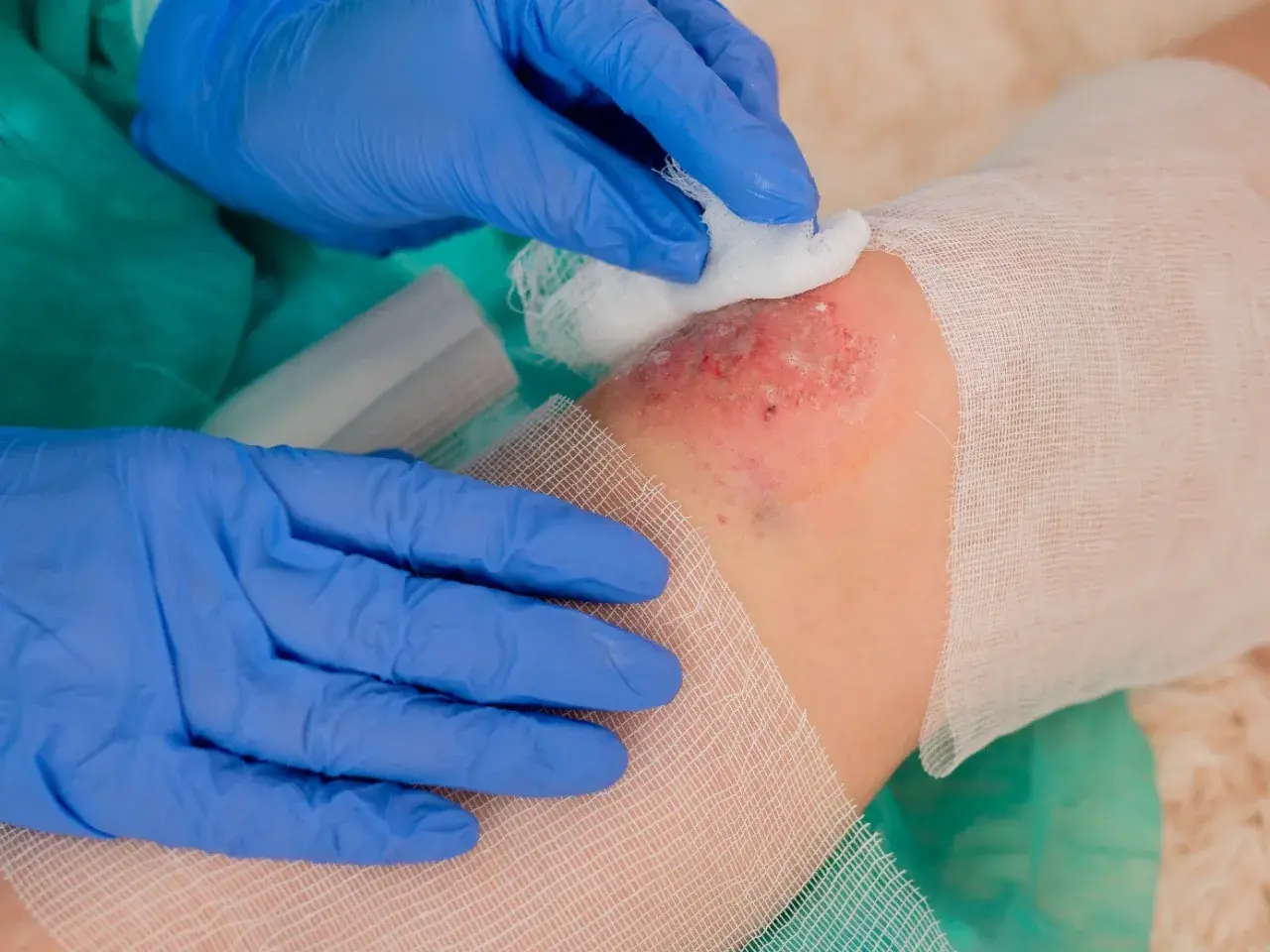 Lekarz w niebieskich rękawiczkach delikatnie oczyszcza ranę, na której widoczny jest biofilm.