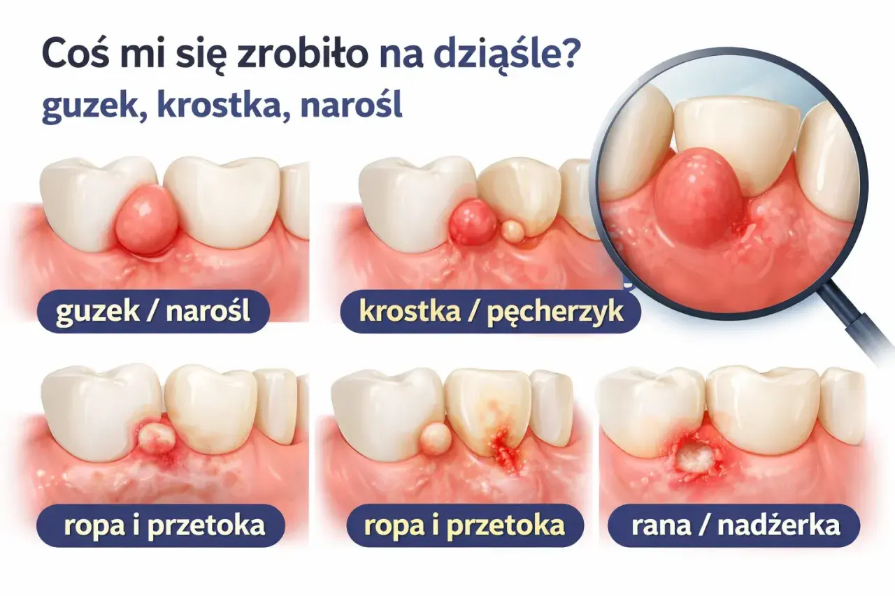 Guzek, krostka, narośl na dziąśle. Ilustracje pokazują różne zmiany, w tym ropień, przetokę i ranę, które mogą być objawem ziarniny w zębie.