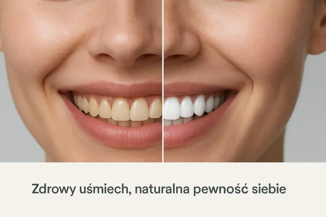 Porównanie uśmiechu: zęby żółte po lewej, białe po prawej. Czy cytryna wybiela zęby? Zdrowy uśmiech, naturalna pewność siebie.