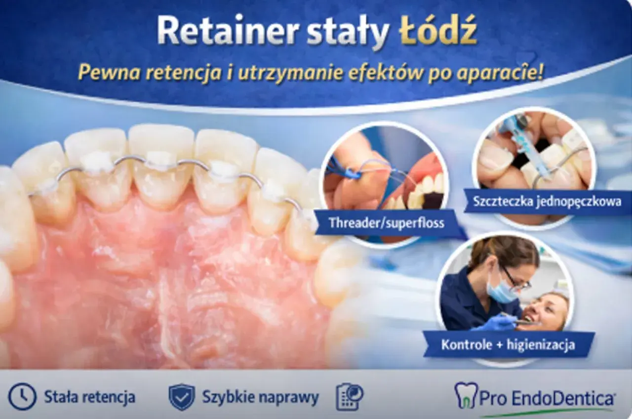 Drut na zębach po aparacie, czyli stały retainer, zapewnia pewną retencję. Pokazano też czyszczenie zębów nicią i szczoteczką jednopęczkową.
