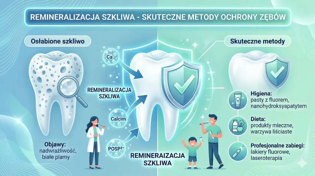 Ilustracja pokazuje proces remineralizacji szkliwa. Zdrowy ząb chroniony tarczą symbolizuje skuteczne metody ochrony.
