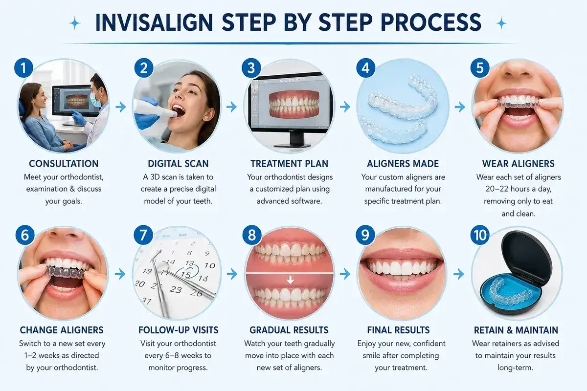 Proces leczenia Invisalign: konsultacja, skan 3D, plan leczenia, wykonanie nakładek, noszenie nakładek, wizyty kontrolne, efekty i utrzymanie.