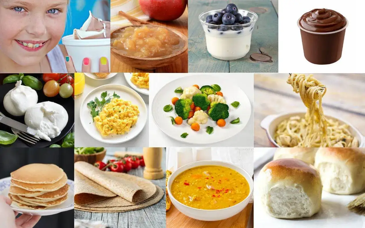 Dziewczynka z aparatem ortodontycznym uśmiecha się, trzymając lody. Obok przepisy na dietę: jabłka, jogurt, czekolada, burrata, jajecznica, warzywa, makaron, naleśniki, placki, zupa i bułki.