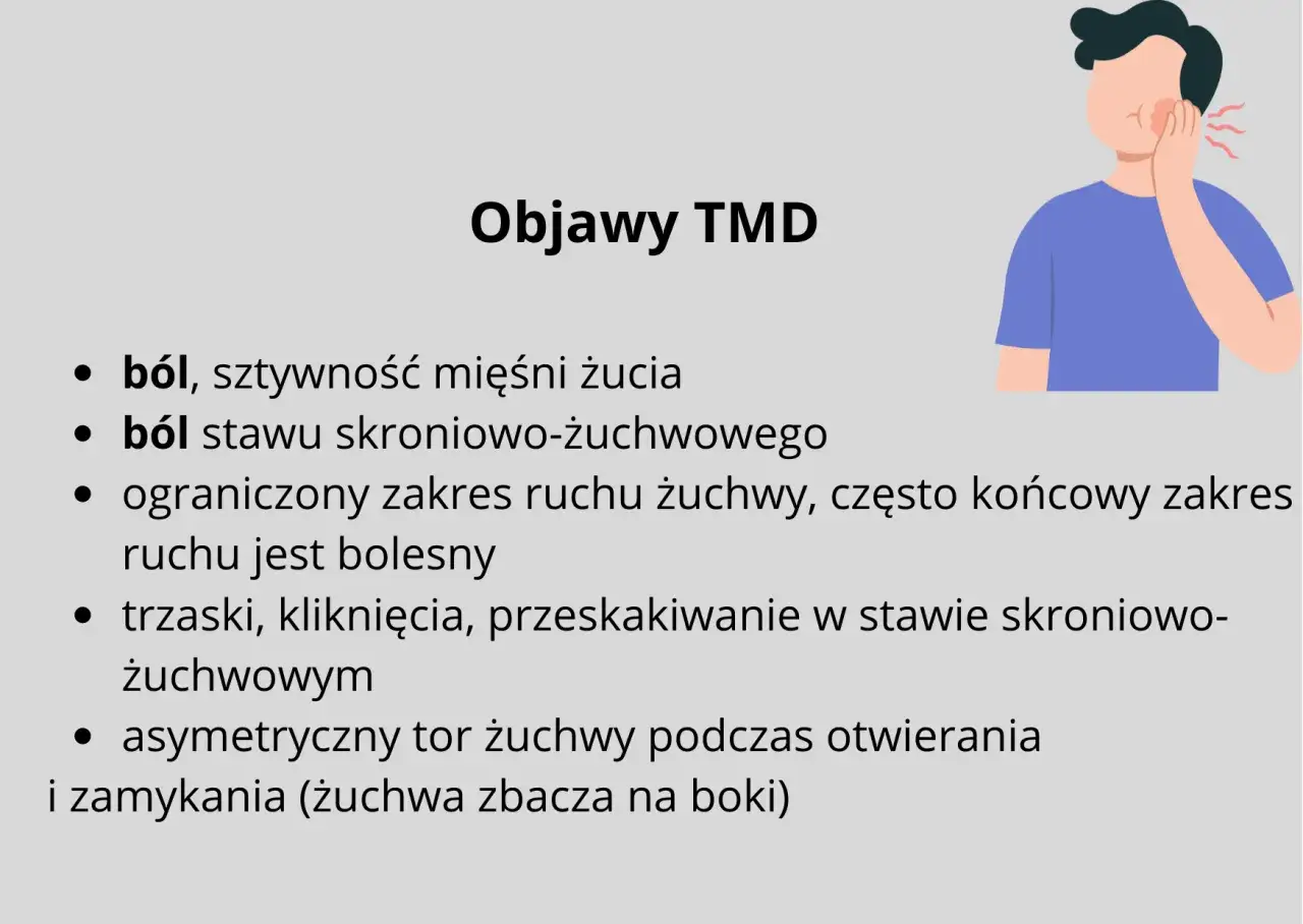 Ból stawu skroniowo-żuchwowego, sztywność mięśni żucia, trzaski i ograniczony ruch to objawy TMD.